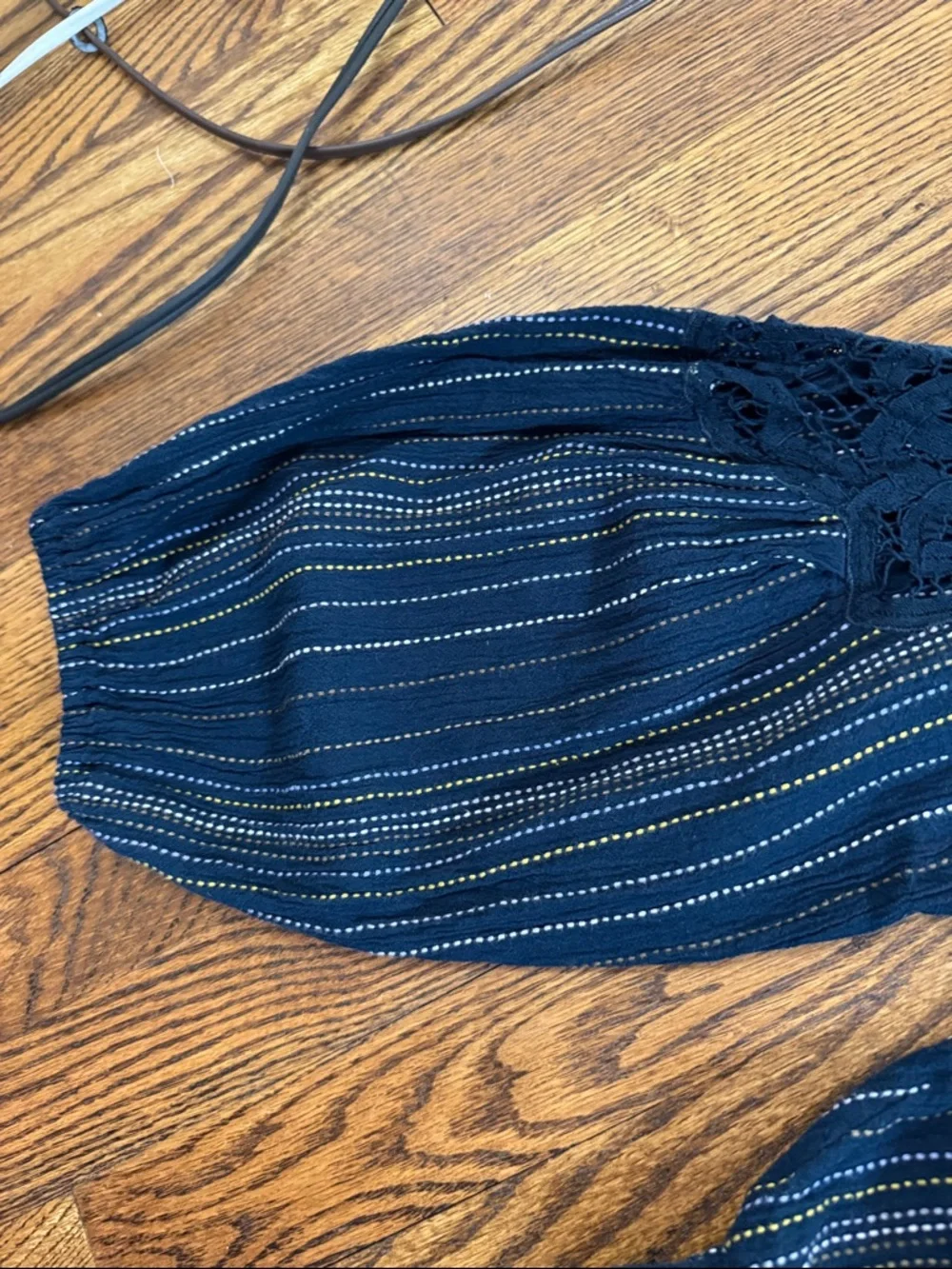 #557 FREE PEOPLE Floating Memories Navy Striped Lace Balloon Sleeve Peasant Top